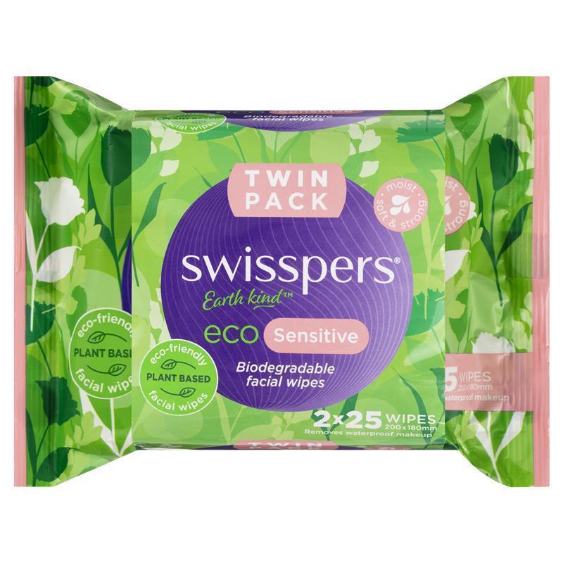 Load image into Gallery viewer, Swisspers Eco Sensitive Biodegradable Facial Wipes Twin Pack 2 x 25 Wipes
