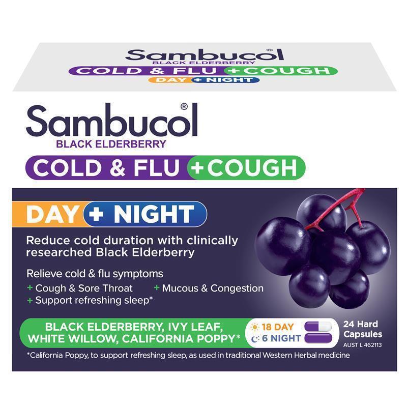 Load image into Gallery viewer, Sambucol Cold &amp; Flu + Cough Day &amp; Night 24 Capsules
