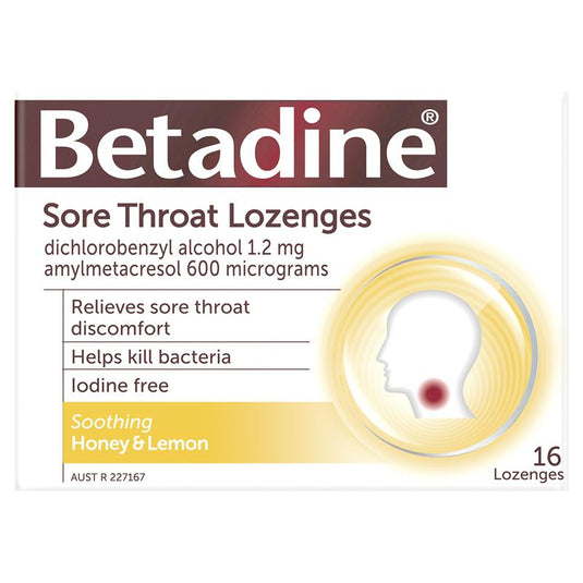 Betadine Sore Throat Lozenges Soothing Honey & Lemon Flavour 16 Pack