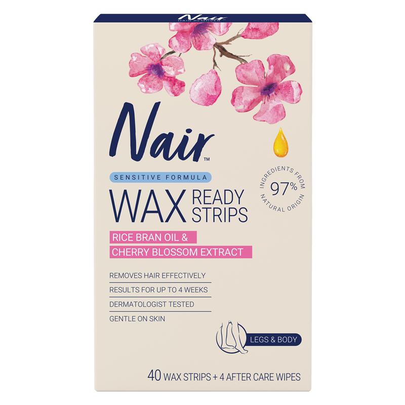 Load image into Gallery viewer, Nair Sensitive Formula Wax Ready Strips Rice Bran Oil &amp; Cherry Blossom Extract Legs &amp; Body 40 Pack
