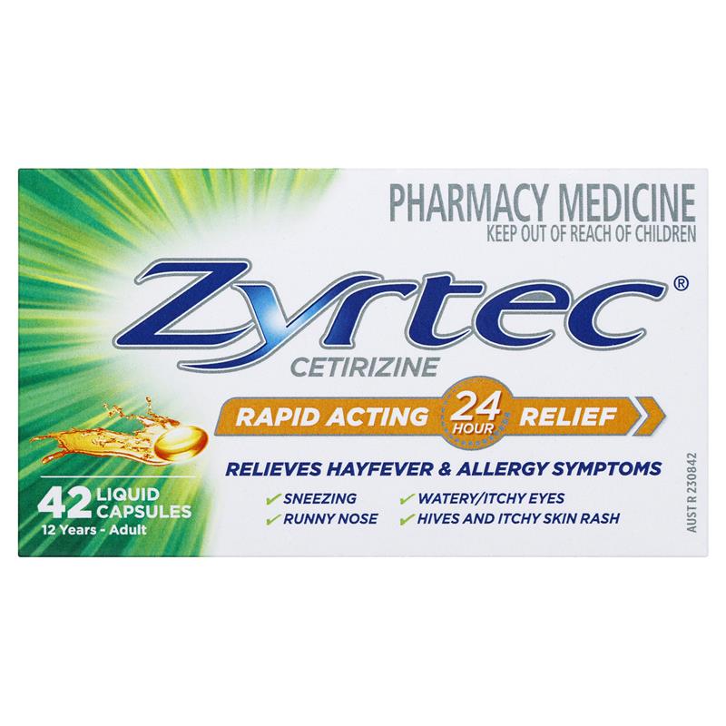 Load image into Gallery viewer, Zyrtec Rapid Acting Relief Antihistamine Hayfever &amp; Allergy Liquid Capsules 42 Pack
