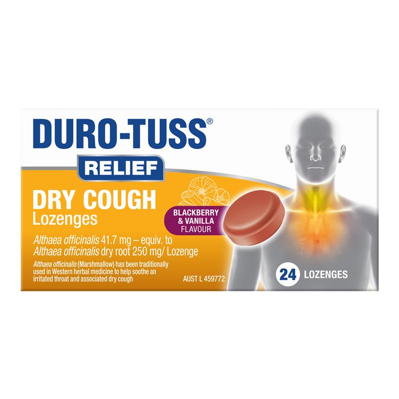 Load image into Gallery viewer, Durotuss Relief Dry Cough Blackberry &amp; Vanilla 24 Lozenges
