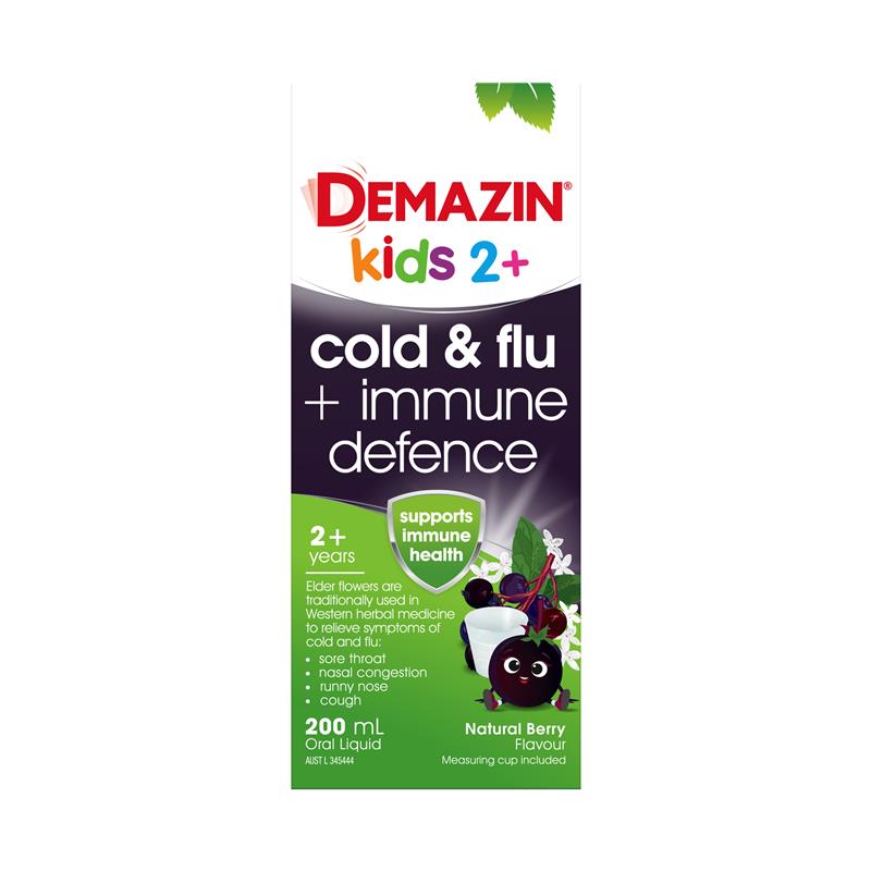Load image into Gallery viewer, Demazin Kids 2+ Cold &amp; Flu + Immune Defence Natural Berry Oral Liquid 200mL
