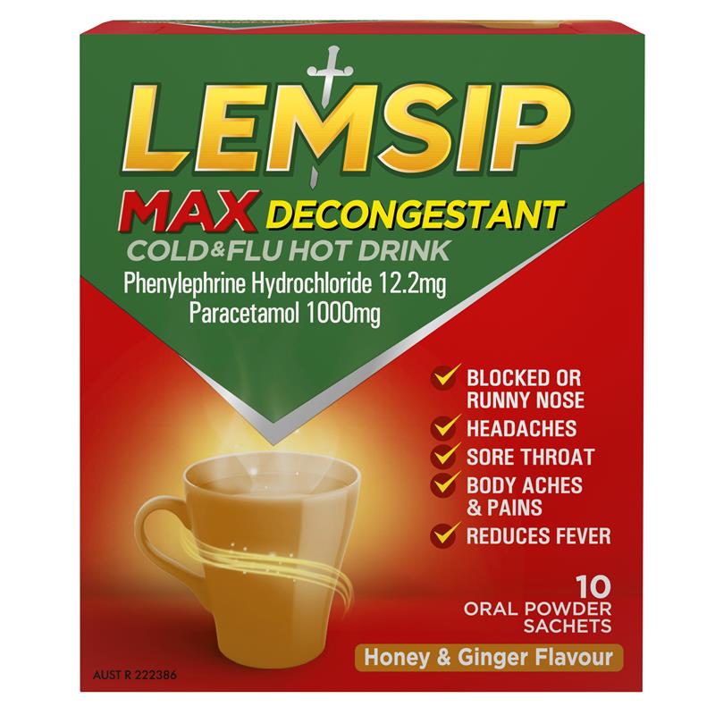 Load image into Gallery viewer, Lemsip Max Cold &amp; Flu Hot Drink with Decongestant Honey and Ginger 10 Sachets
