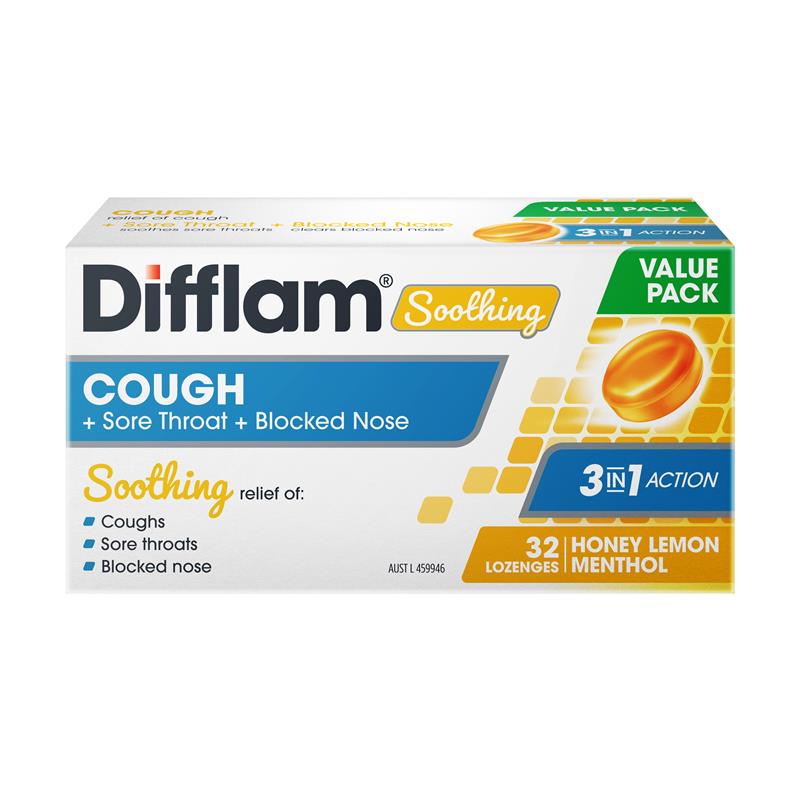 Load image into Gallery viewer, Difflam Soothing Cough + Sore Throat + Blocked Nose Honey Lemon 32 Lozenges
