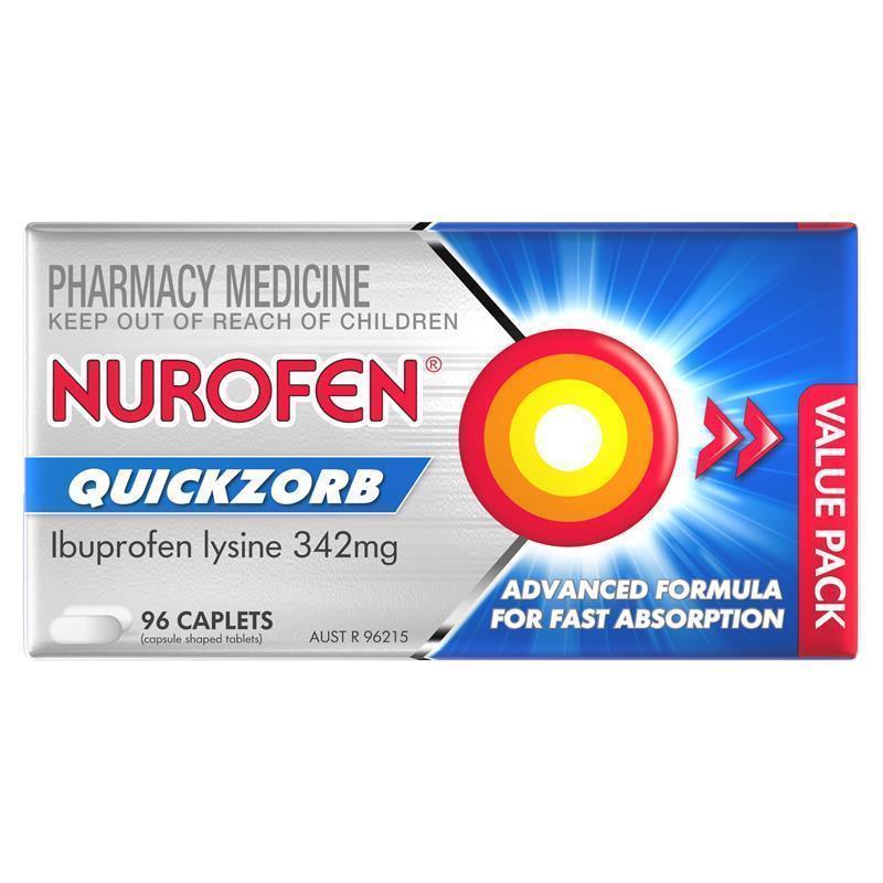 Load image into Gallery viewer, Nurofen Quickzorb Pain Relief Caplets 96 pack Ibuprofen Lysine 342mg
