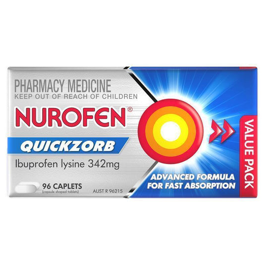 Nurofen Quickzorb Pain Relief Caplets 96 pack Ibuprofen Lysine 342mg