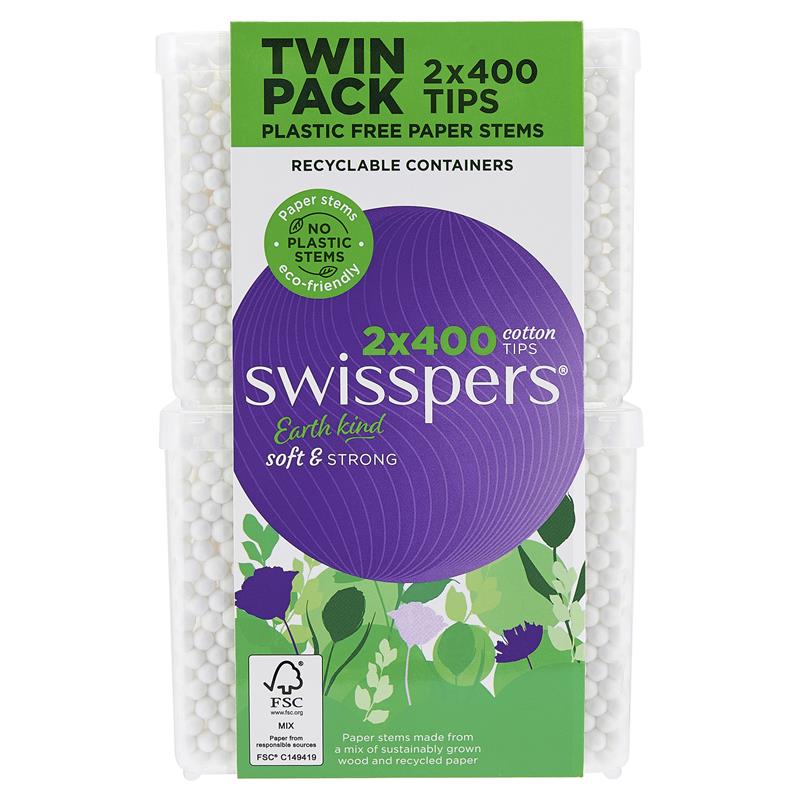 Load image into Gallery viewer, Swisspers Earth Kind Cotton Tips With Paper Stems Twin Pack 2x400 Pack
