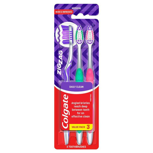 Colgate Toothbrush Zig Zag Daily Clean Medium Value 3 Pack