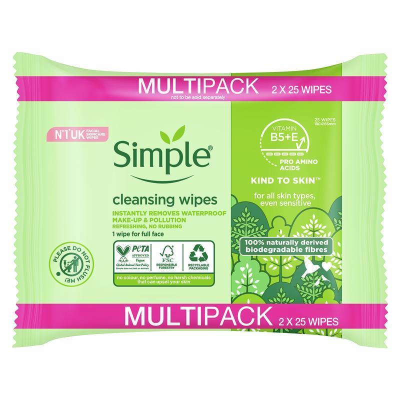 Load image into Gallery viewer, Simple Biodegradable Cleansing Wipes 2 x 25 pack
