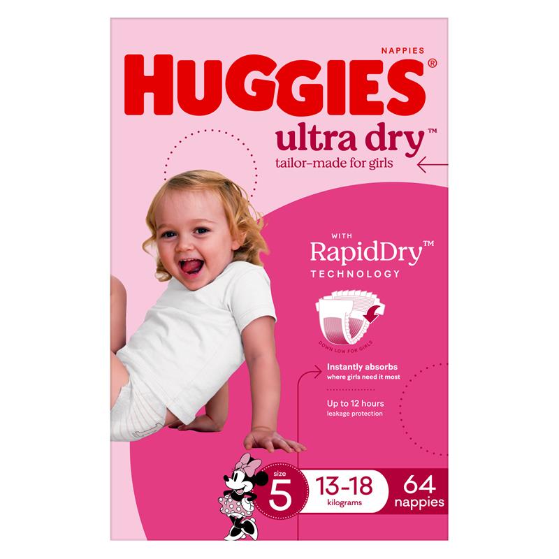 Load image into Gallery viewer, Huggies Ultra Dry Nappies Girl Size 5 Jumbo 64 Pack
