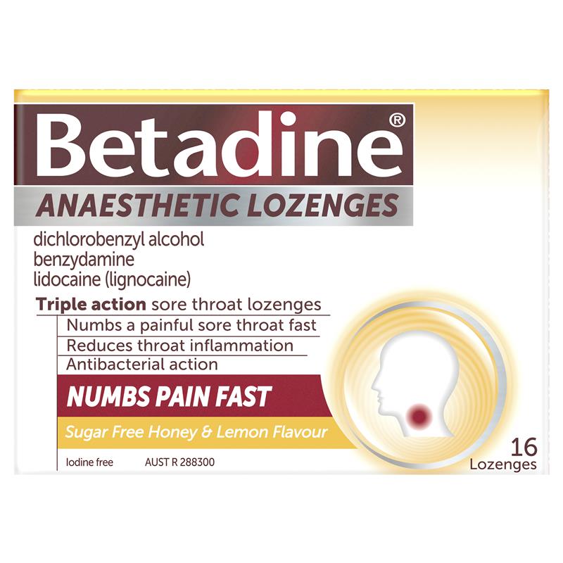 Load image into Gallery viewer, Betadine Sore Throat Lozenges Anaesthetic Honey &amp; Lemon Flavour 16 Pack
