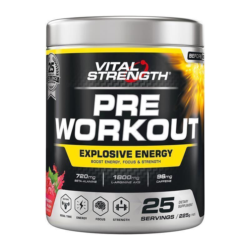 Load image into Gallery viewer, Vital Strength Pre Workout Powder Raspberry Rush 225g
