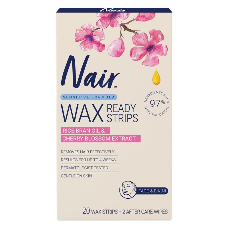 Load image into Gallery viewer, Nair Sensitive Formula Wax Ready Strips Rice Bran Oil &amp; Cherry Blossom Extract Face &amp; Bikini 20 Pack
