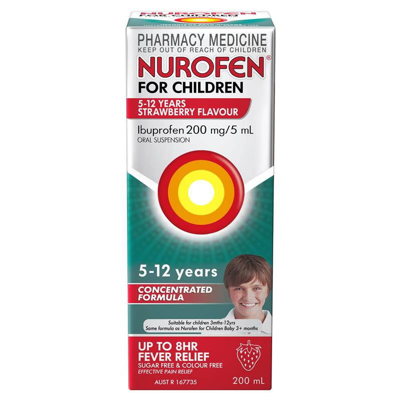 Load image into Gallery viewer, Nurofen For Children 5-12yrs Pain and Fever Relief Concentrated Liquid 200mg/5mL Ibuprofen Strawberry 200mL
