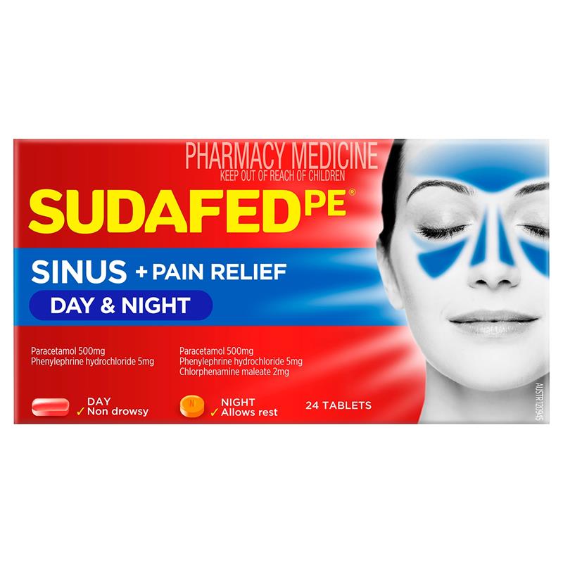 Load image into Gallery viewer, Sudafed PE Sinus + Pain Relief Day &amp; Night Tablets 24 Pack
