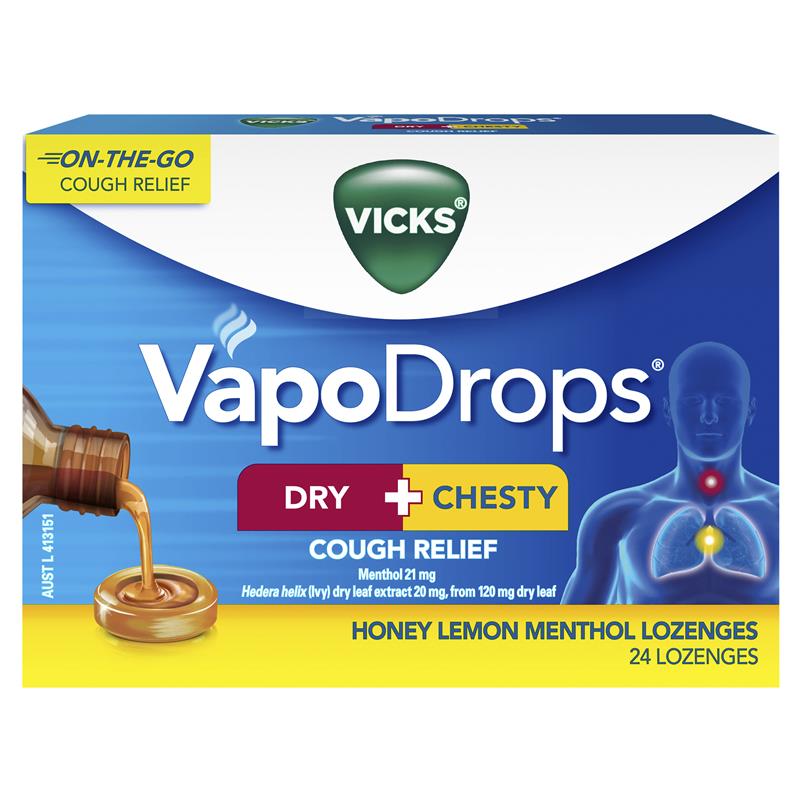 Load image into Gallery viewer, Vicks VapoDrops Dry + Chesty Cough Relief 24 Lozenges
