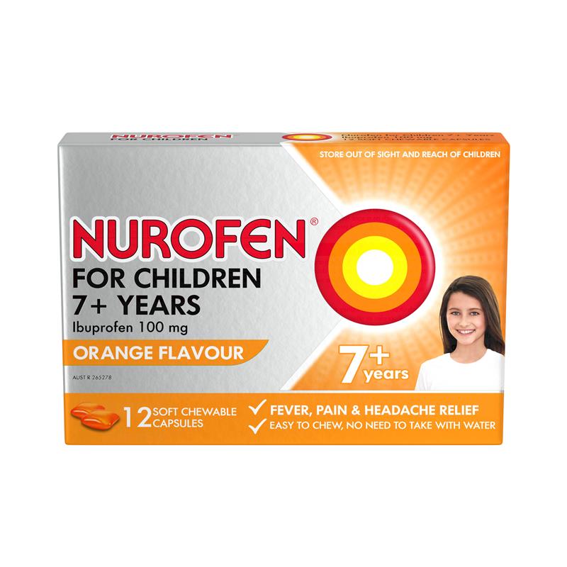 Load image into Gallery viewer, Nurofen For Children 7+ Pain and Fever Relief Chewable Capsules 100mg Ibuprofen Orange 12 pack
