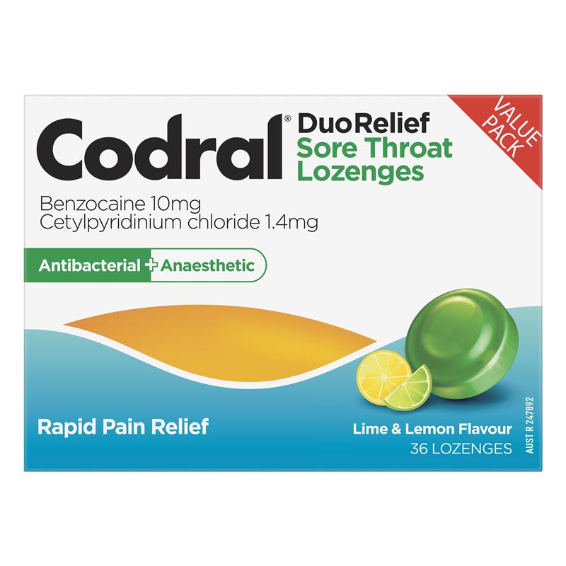 Load image into Gallery viewer, Codral Sore Throat Lozenges Antibacterial + Anaesthetic Lime &amp; Lemon 36 Pack
