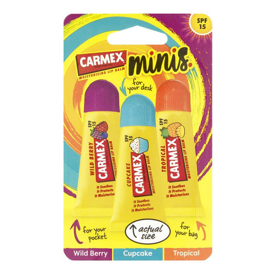 Carmex Lip Balm Squeeze Tube Minis Wild Berry Cupcake & Tropical 3 Pack