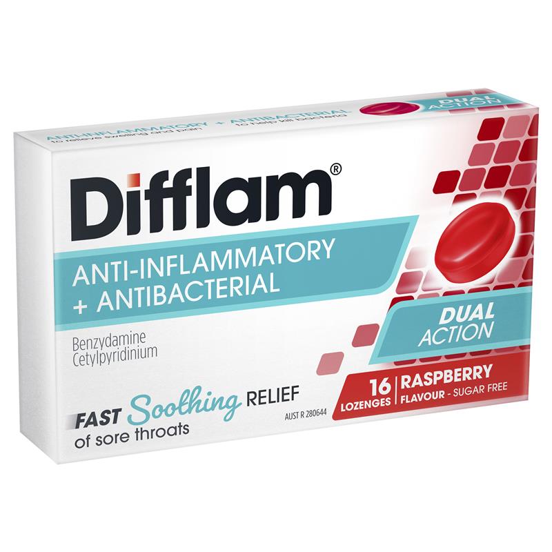 Load image into Gallery viewer, Difflam Sore Throat Sugar Free Raspberry 16 Lozenges
