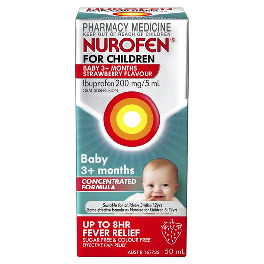 Nurofen For Children Baby 3+ Months Pain and Fever Relief Concentrated Liquid 200mg/5ml Ibuprofen Strawberry 50ml
