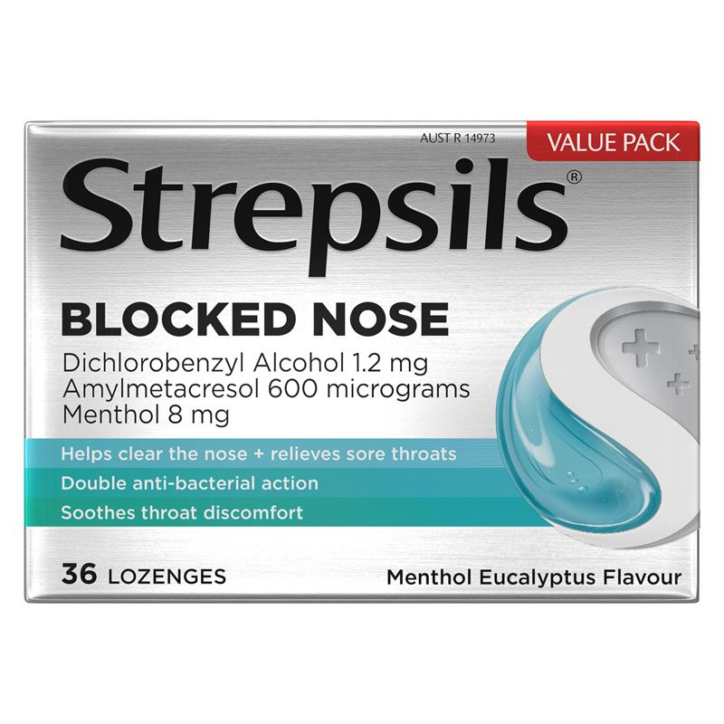 Load image into Gallery viewer, Strepsils Plus Blocked Nose Relief Throat Lozenges Menthol Eucalyptus 36 Pack
