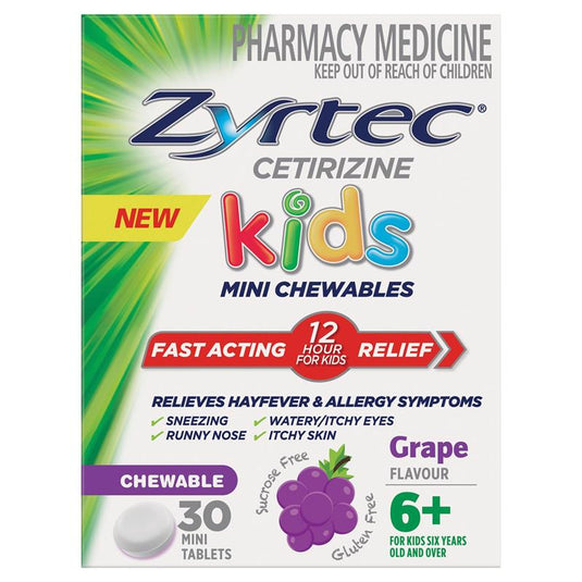 Zyrtec Kids Antihistamine Allergy & Hayfever Chewable Tablet Grape 30 Pack
