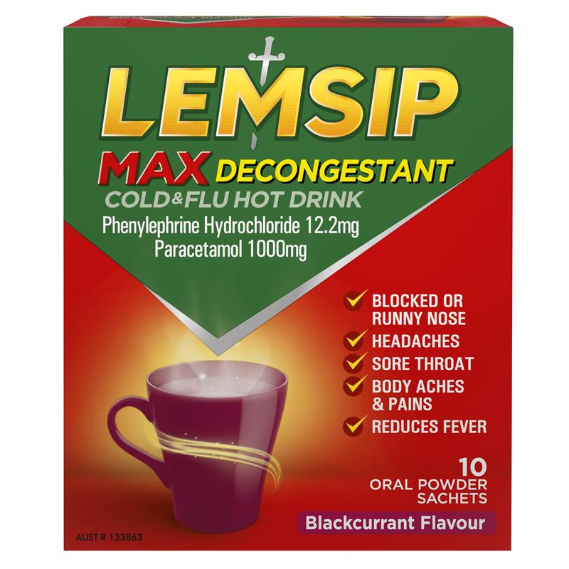Load image into Gallery viewer, Lemsip Max Cold &amp; Flu Hot Drink with Decongestant Blackcurrant 10 Sachets
