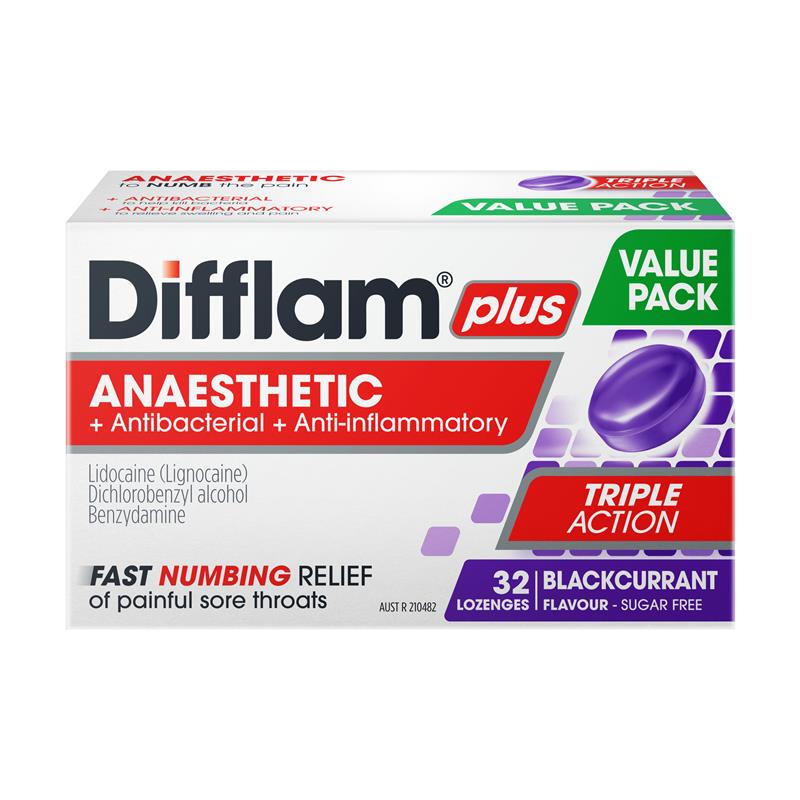 Load image into Gallery viewer, Difflam Plus Triple Action Blackcurrant 32 Lozenges
