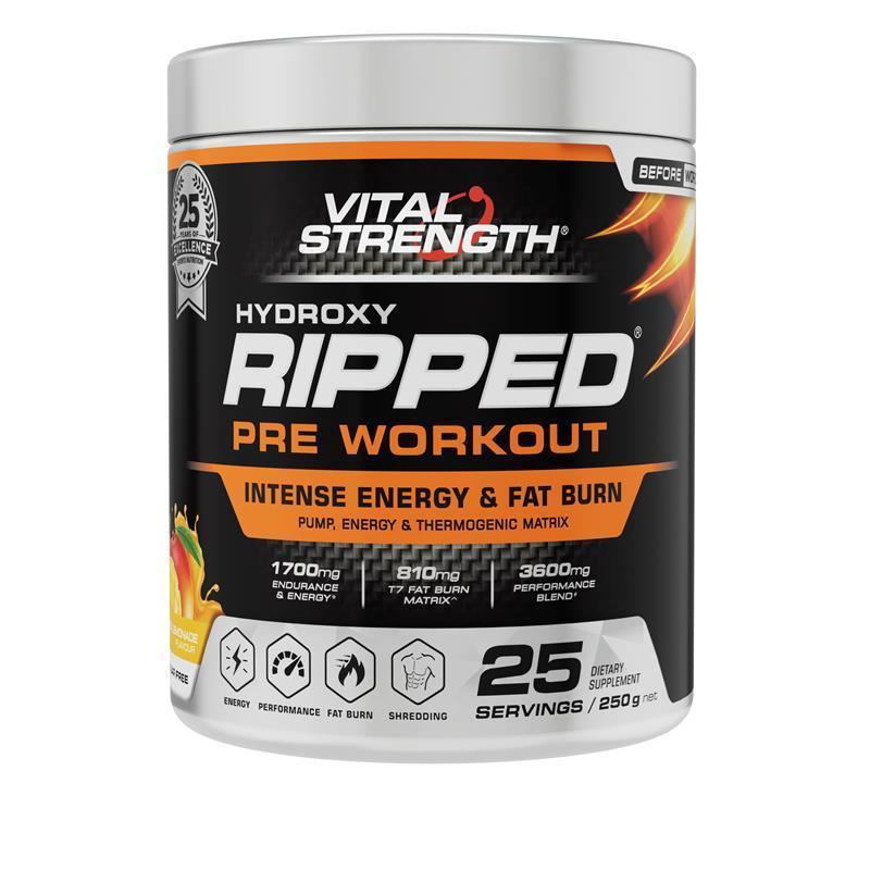 Load image into Gallery viewer, Vital Strength Ripped Pre Workout Mango Lemonade 250g
