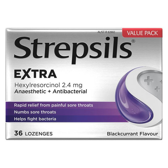 Strepsils Extra Blackcurrant Fast Numbing Sore Throat Pain Relief with Anaesthetic Lozenges 36pk
