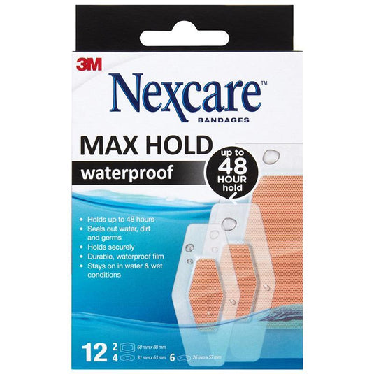 Nexcare Max Hold Waterproof Bandages Assorted 12 Pack