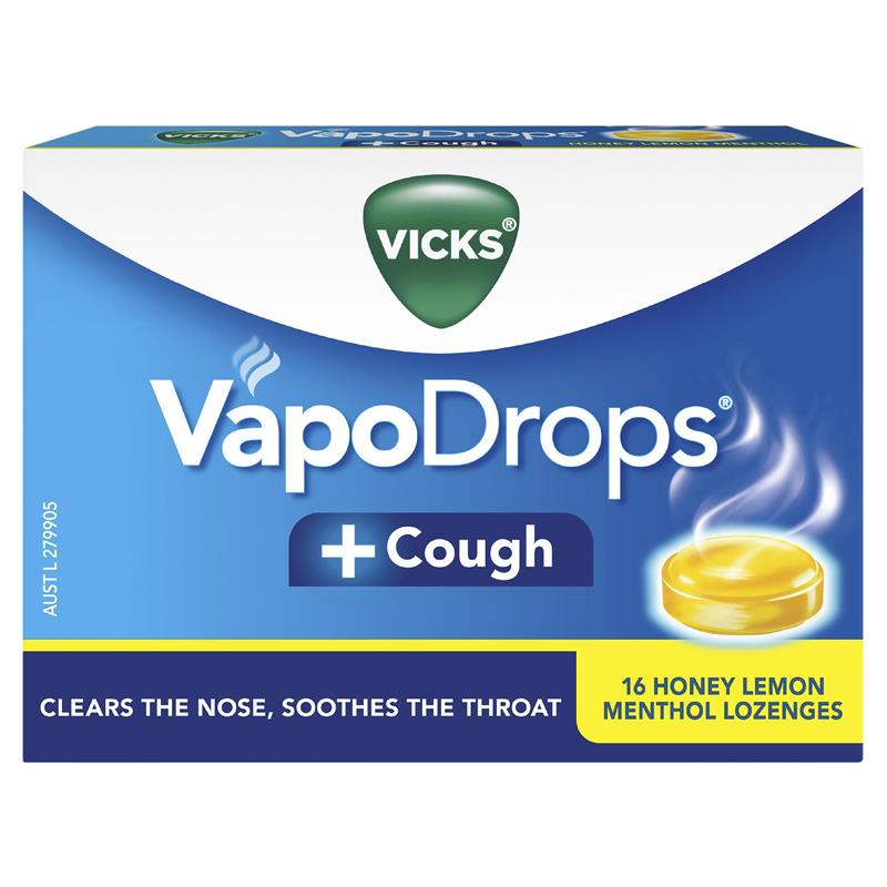 Load image into Gallery viewer, Vicks VapoDrops + Cough Honey Lemon Menthol 16 Lozenges

