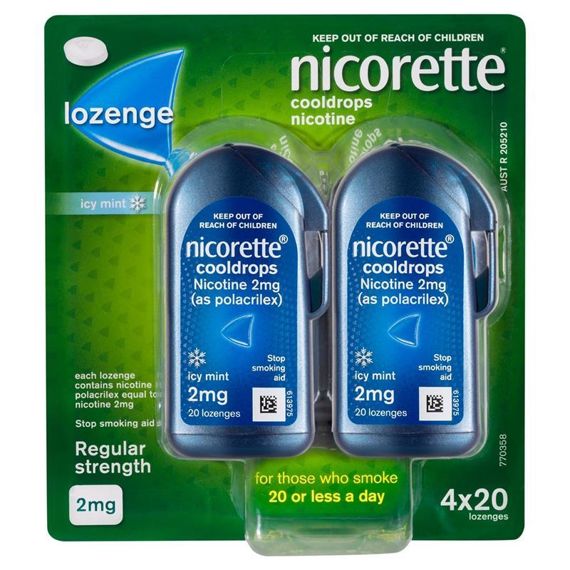 Load image into Gallery viewer, Nicorette Quit Smoking Regular Strength Cooldrops Nicotine Lozenge Icy Mint 4 x 20 Pack
