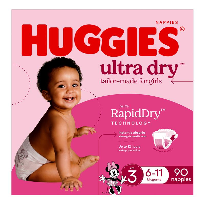 Load image into Gallery viewer, Huggies Ultra Dry Nappies Girl Size 3 Jumbo 90 Pack

