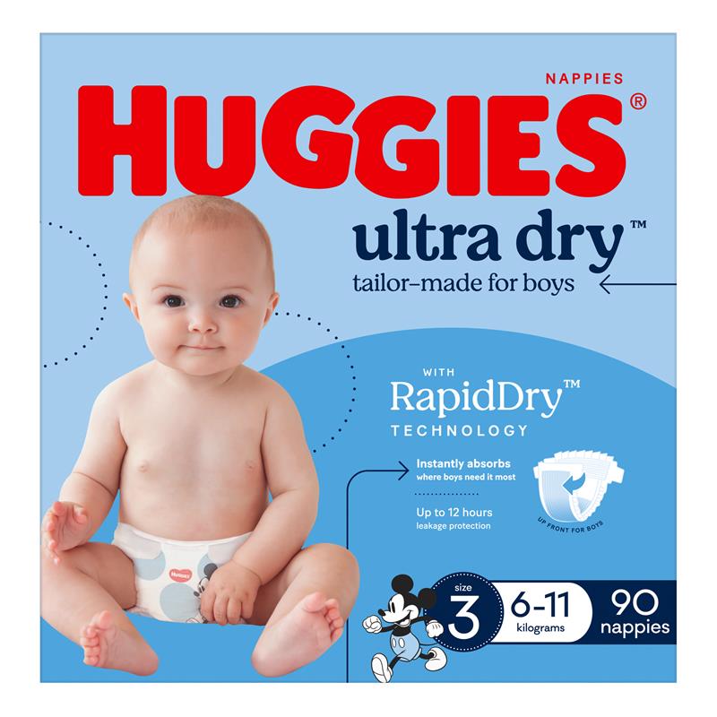 Load image into Gallery viewer, Huggies Ultra Dry Nappies Boy Size 3 Jumbo 90 Pack
