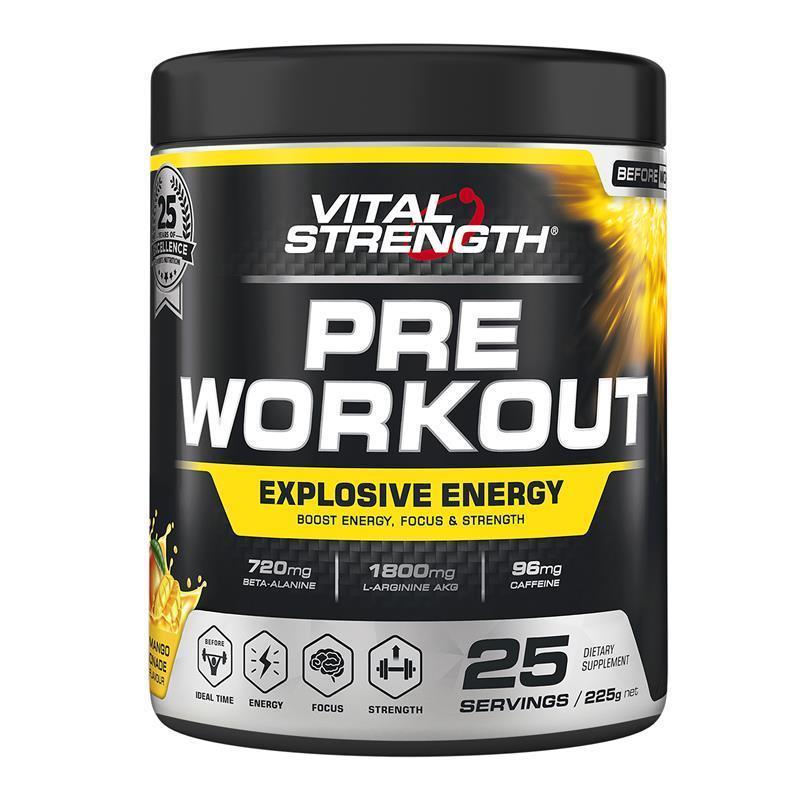 Load image into Gallery viewer, Vital Strength Pre Workout Powder Mango Lemonade 225g
