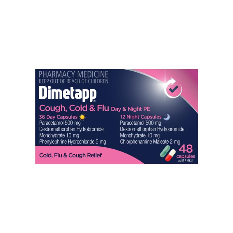 Load image into Gallery viewer, Dimetapp Cough Cold &amp; Flu Day &amp; Night 48 Capsules
