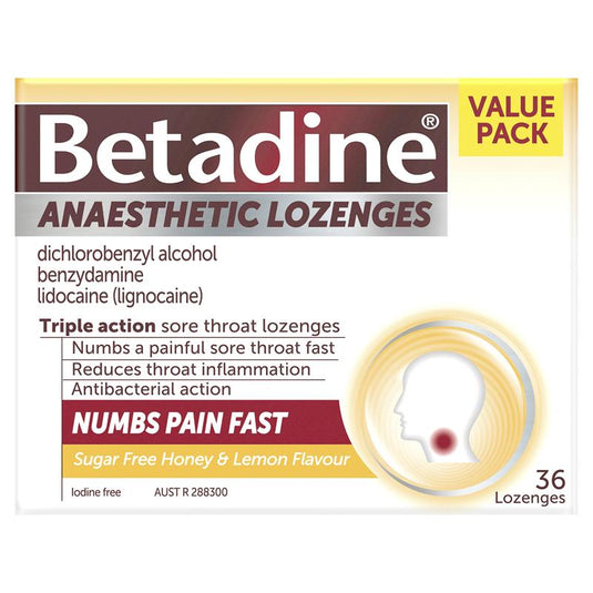 Betadine Sore Throat Lozenges Anaesthetic Honey & Lemon Flavour 36 Pack