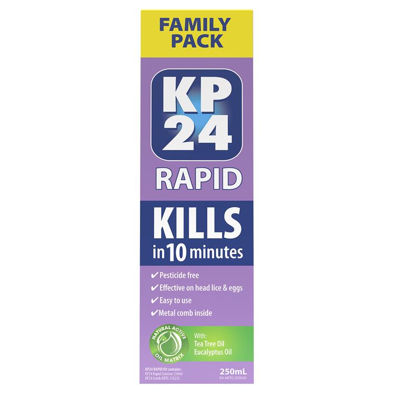 Load image into Gallery viewer, KP24 Rapid 10 Minute Head Lice/Nit Solution 250ml with Comb Family Pack
