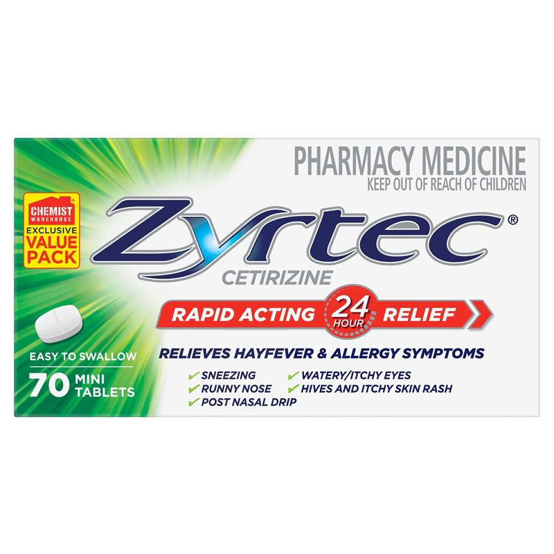 Load image into Gallery viewer, Zyrtec Rapid Acting Antihistamine Allergy &amp; Hayfever Mini Tablets 70 Pack
