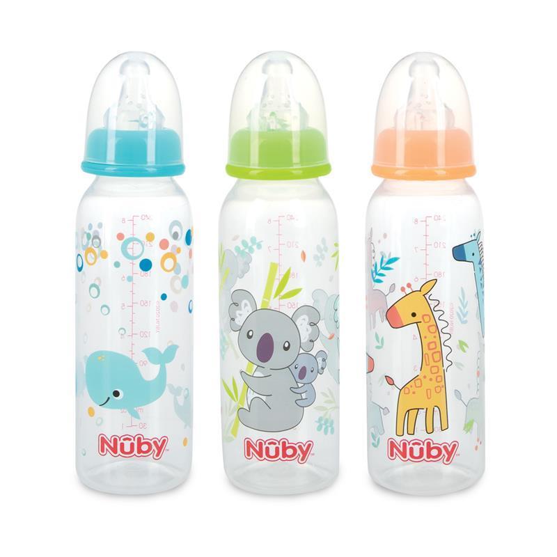Load image into Gallery viewer, Nuby Printed Non Drip Feeding Bottles 240ml 0+ Months 3 Pack
