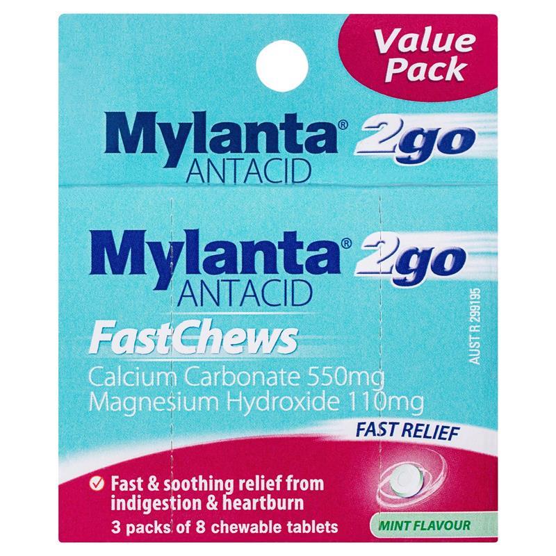 Load image into Gallery viewer, Mylanta 2Go Antacid FastChews Tablets Mint 3 x 8 Pack
