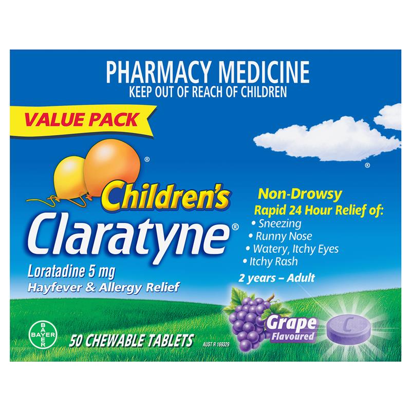 Load image into Gallery viewer, Claratyne Children’s Hayfever &amp; Allergy Relief Grape 50 Chewable Tablets
