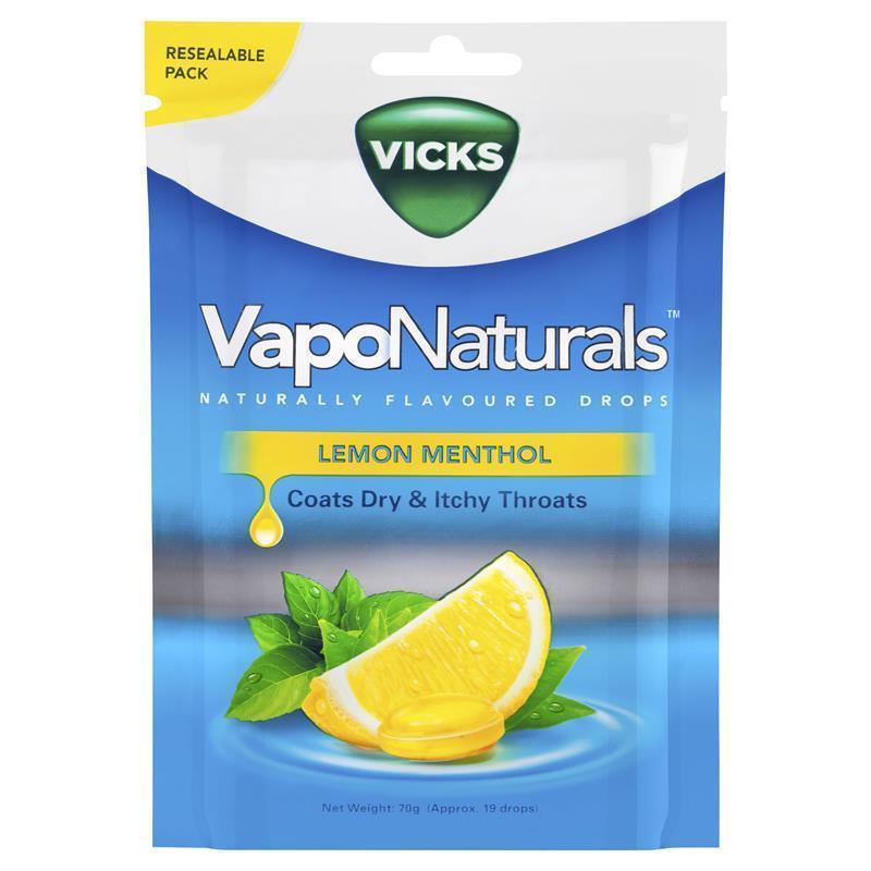 Load image into Gallery viewer, Vicks VapoNaturals Lemon Menthol Throat Lozenges 19 Naturally Flavoured Drops 70g Resealable Bag
