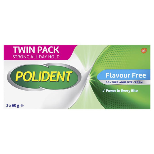 Polident Denture Adhesive Cream Flavour Free 2X60g Pack Exclusive Size
