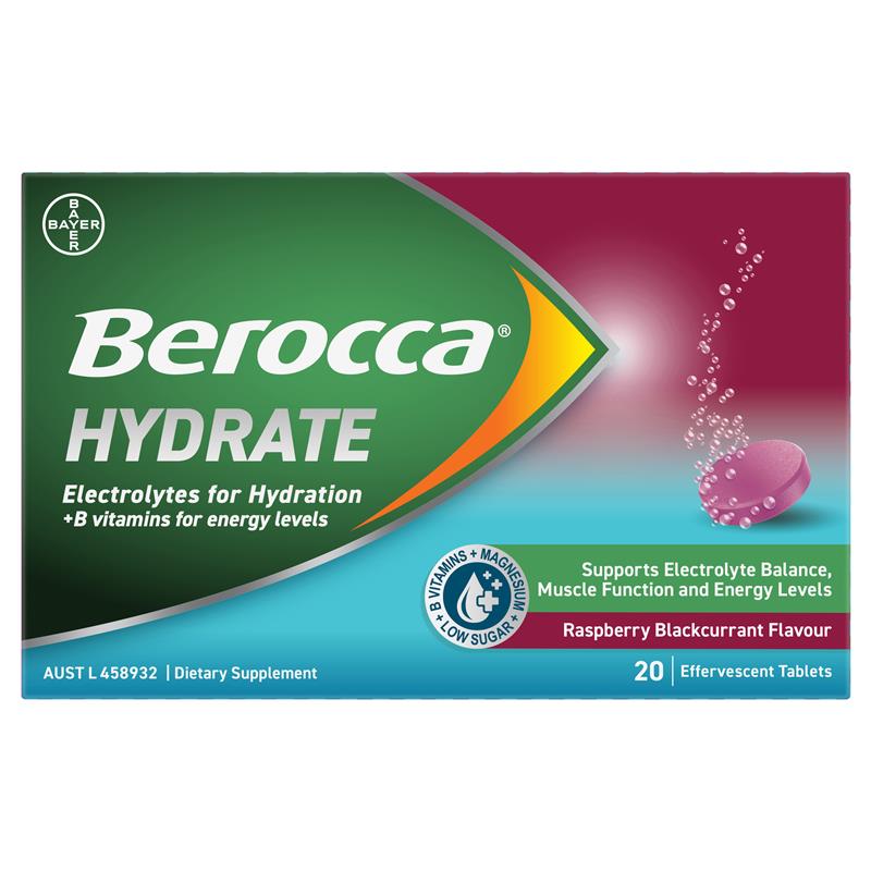 Load image into Gallery viewer, Berocca Hydrate Raspberry Blackcurrant 20 Effervescent Tablets
