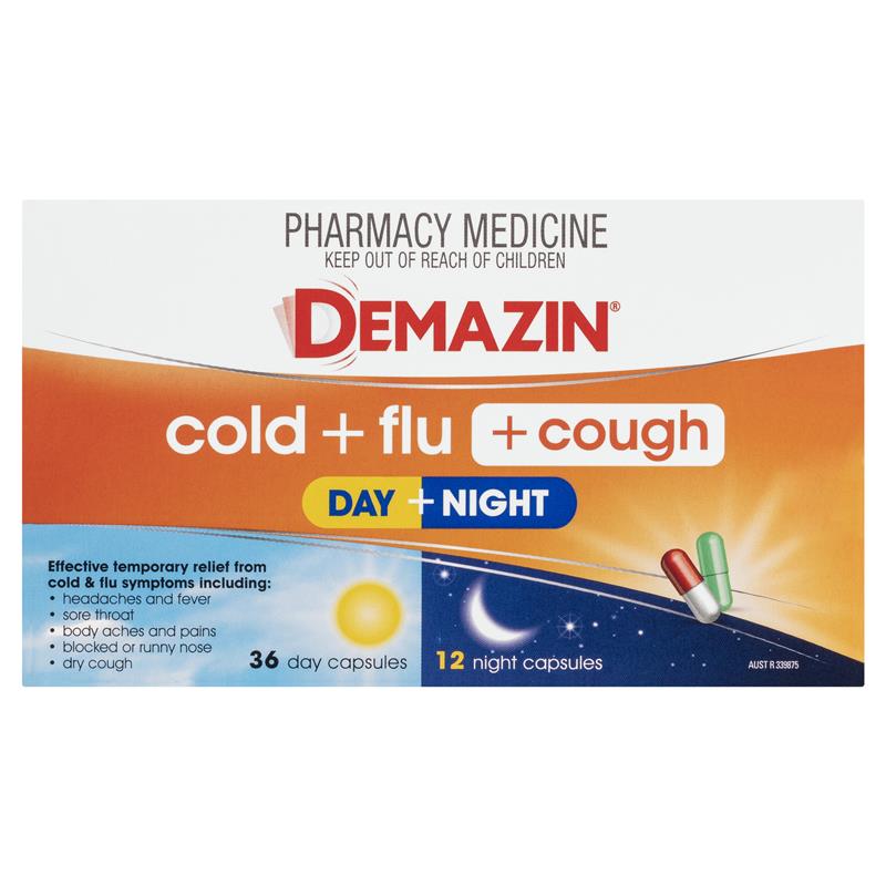 Load image into Gallery viewer, Demazin Cold + Flu + Cough Day + Night 48 Capsules

