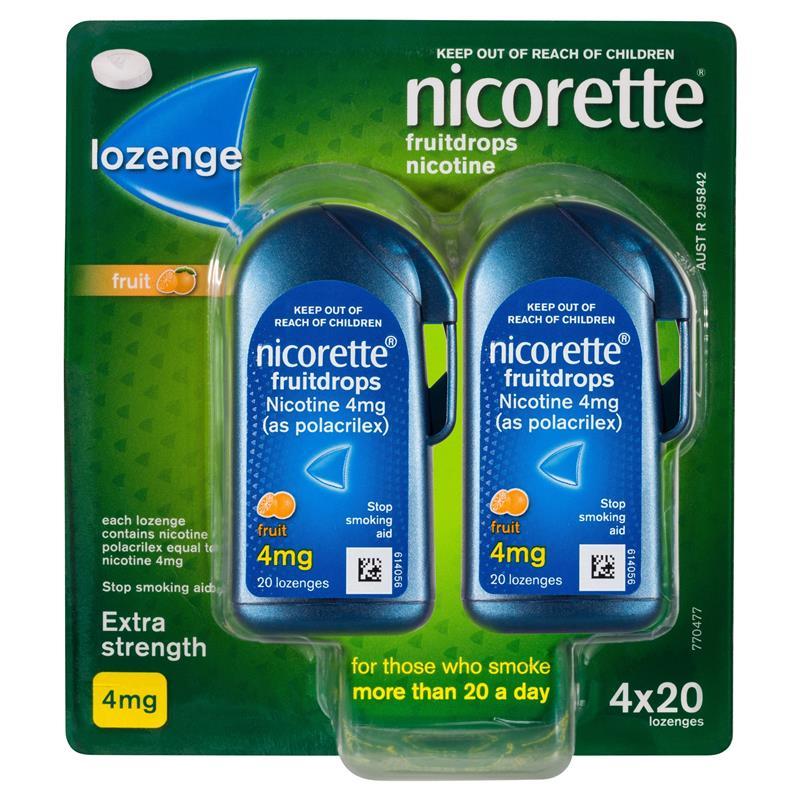 Load image into Gallery viewer, Nicorette Quit Smoking Extra Strength Nicotine Lozenge Fruitdrops 4 x 20 Pack
